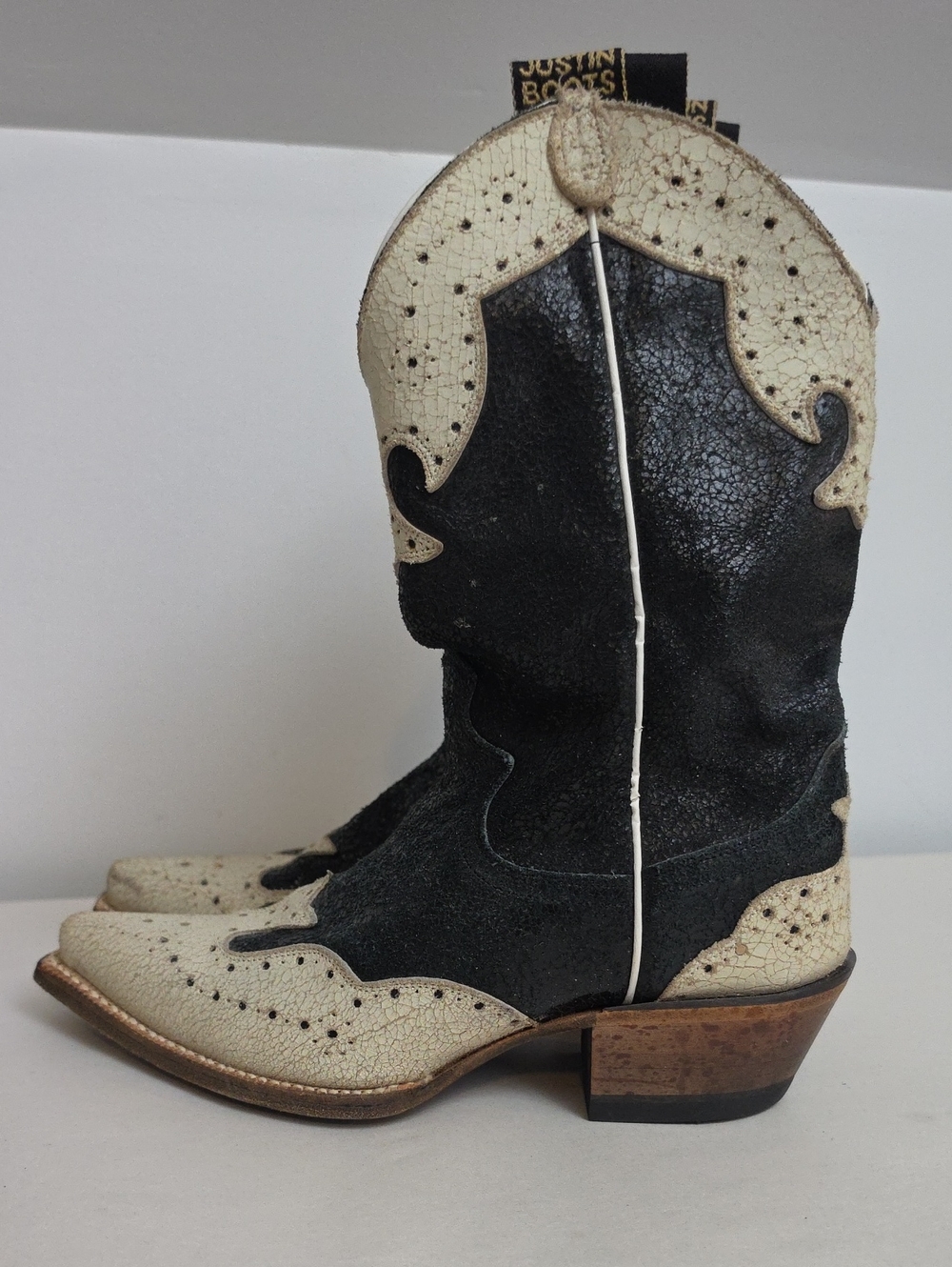 Justin Boots Black and Cream Lace-Up Western Boots